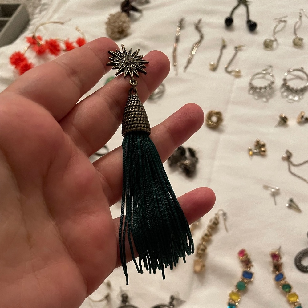 Dark green tassel earrings